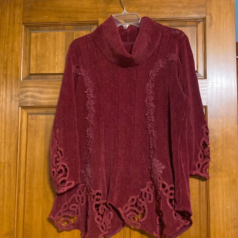 Beautiful sweater , European. Size 12.  detail workColor is more of a burgundy